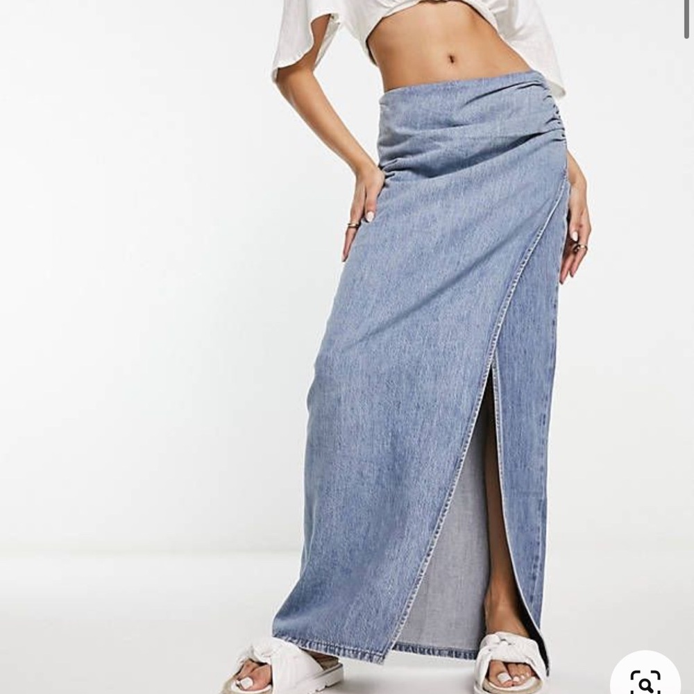 ASOS Urban Revivo wrap denim maxi skirt in blue